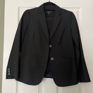 Talbots petite black suit with navy polka dot lining